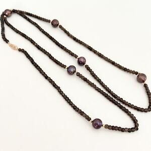 14K Yellow Gold Long Beaded Smoky Quartz Chocolate Pearl Necklace 36"